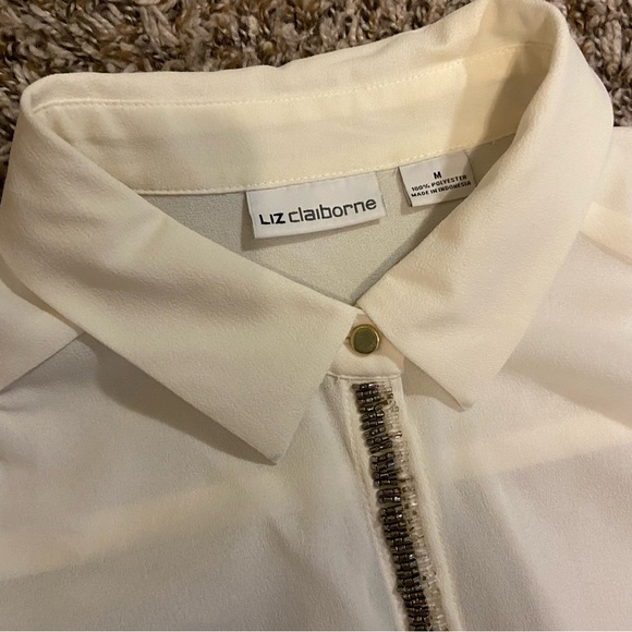 Liz Claiborne White Button Down Shirt with Beaded Accents, Size Medium - Picture 7 of 8